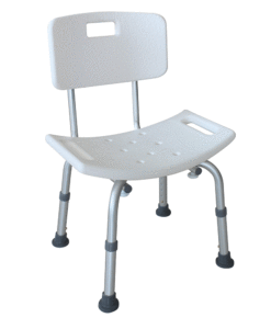 Καρέκλα μπάνιου από αλουμίνιο Romed με πλάτη, κάθισμα με τρύπες αποστράγγισης για την αποφυγή συγκέντρωσης νερού.